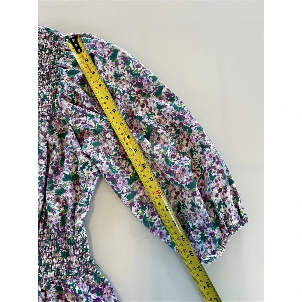 Pleione Blouse XS Peplum Puff 3/4 Sleeve Smocked Floral‎ Purple Green